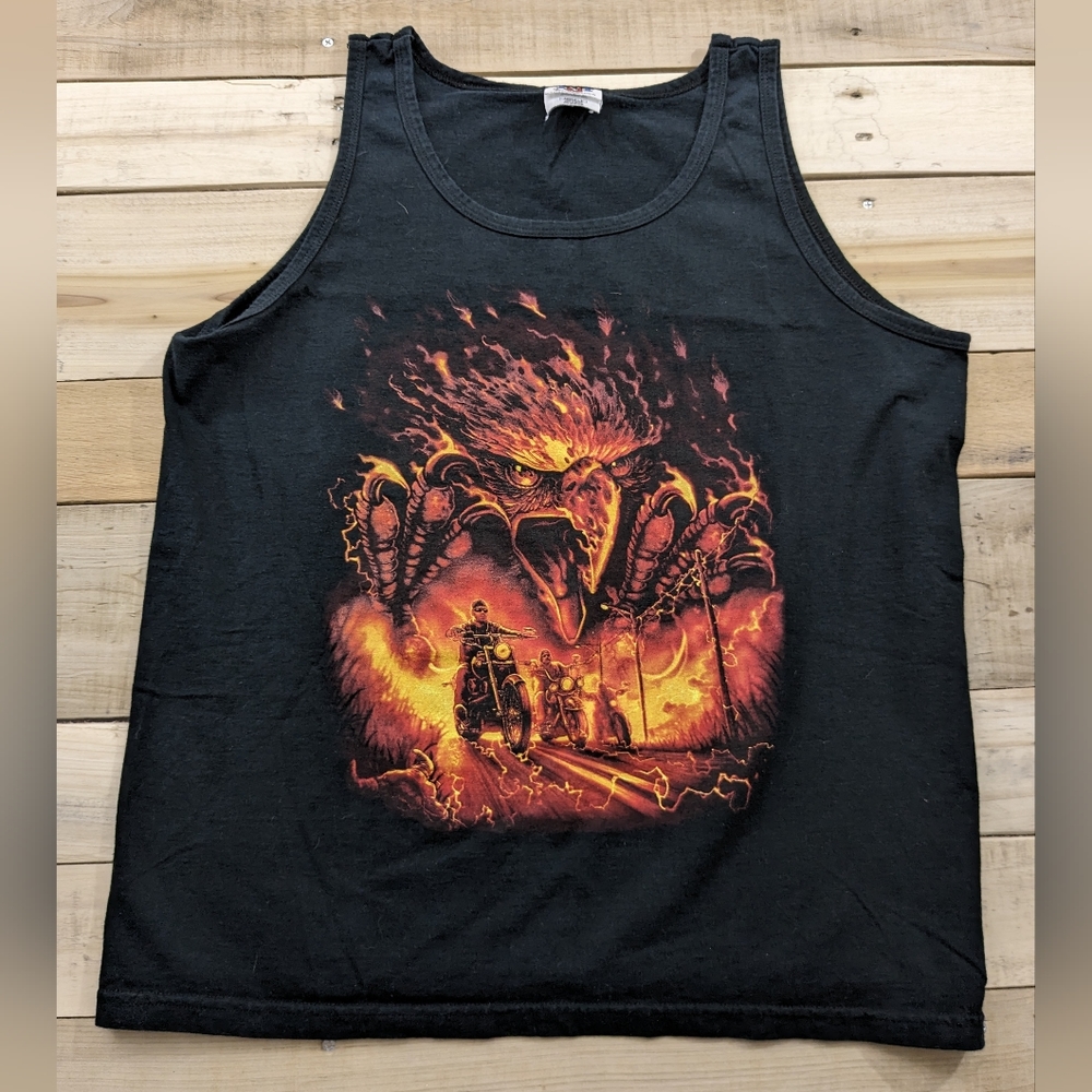 Vintage Y2K Motorcycle Men's Tank Top Biker Tee Flaming Eagle Print EUC